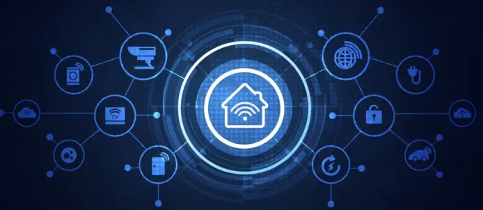 Central glowing smart-home icon surrounded by connected IoT symbols representing a connected home system (wifi, devices, security)