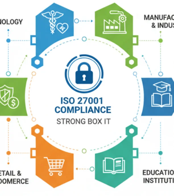 Infographic showing ISO 27001 compliance with sectors: IT & Technology, Banking & Finance, Retail & E-commerce, Educational Institutions, Government & Public Sector, Manufacturing & Industrial, connected around a central lock icon.