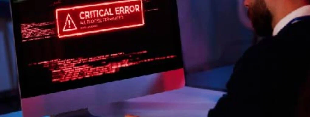 Man with a beard at a desk viewing a monitor that shows a red 'CRITICAL ERROR' warning, surrounded by dark code-filled screens.
