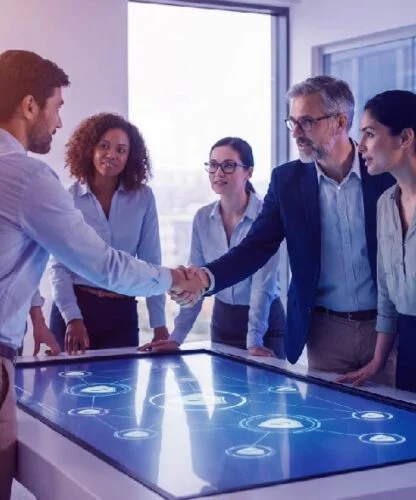 Two colleagues shake hands over a large interactive touchscreen table as a diverse team discusses in a modern office. They appear collaborative and focused on a project.