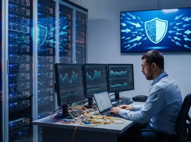 IT technician monitors graphs on three screens in a server room with racks and tangled cables nearby.
