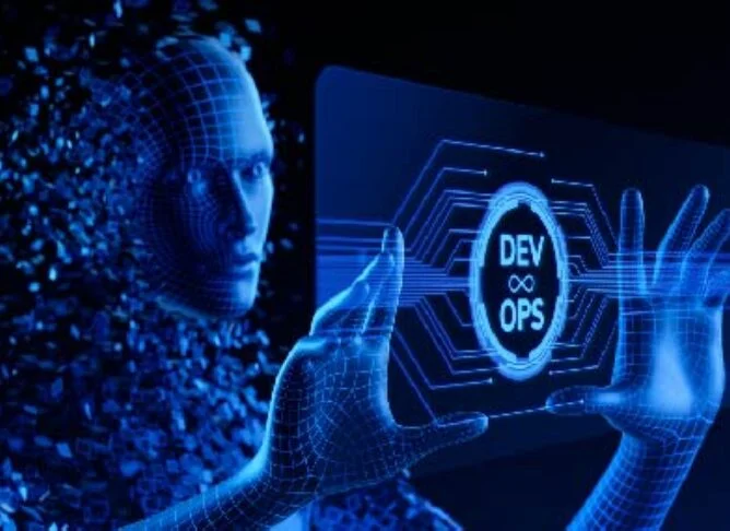 Blue holographic hands reach toward a DevOps interface with an infinity symbol.