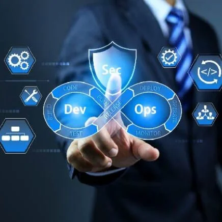 Digital illustration showing DevOps and Sec intertwined with a shield labeled 'Sec' representing DevSecOps, glowing in blue.