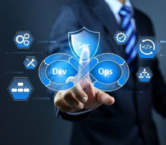 Digital illustration showing DevOps and Sec intertwined with a shield labeled 'Sec' representing DevSecOps, glowing in blue.