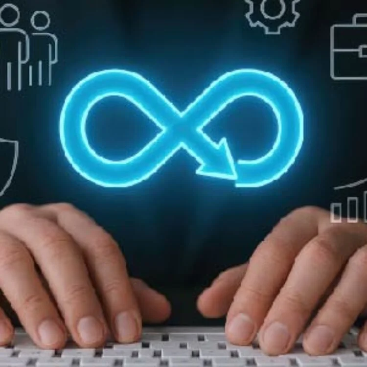 Person typing on a keyboard with a glowing infinity loop symbol and IT icons, signaling DevOps and continuous processes.