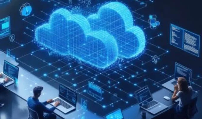 People working at laptops around a glowing blue cloud computing network visualization.
