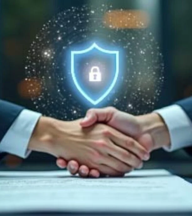 Two hands shake over a document with a glowing shield and lock, symbolizing security in a business agreement.
