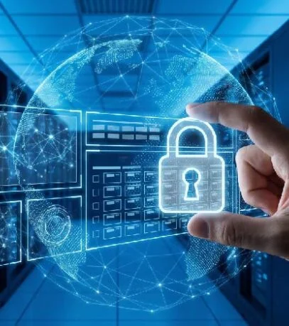 Glowing holographic padlock over a network of servers, symbolizing cybersecurity and data protection.