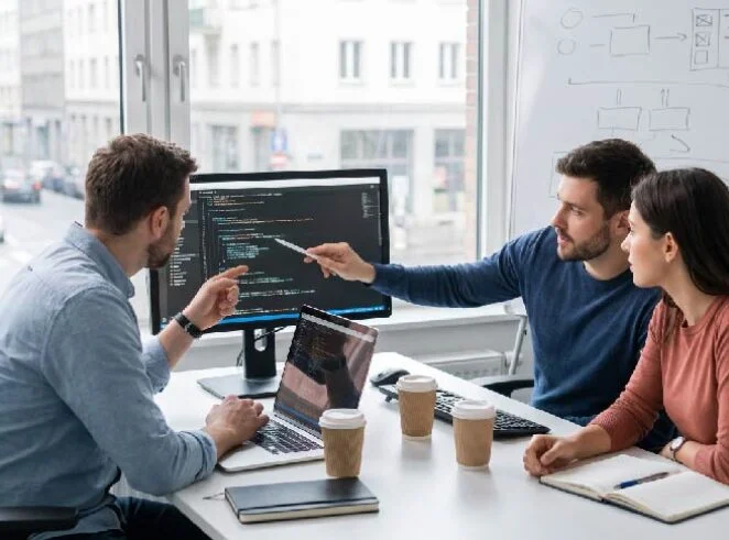 Three people collaborate at a desk, one pointing at code on a monitor while others look on, with laptops and coffee cups nearby.