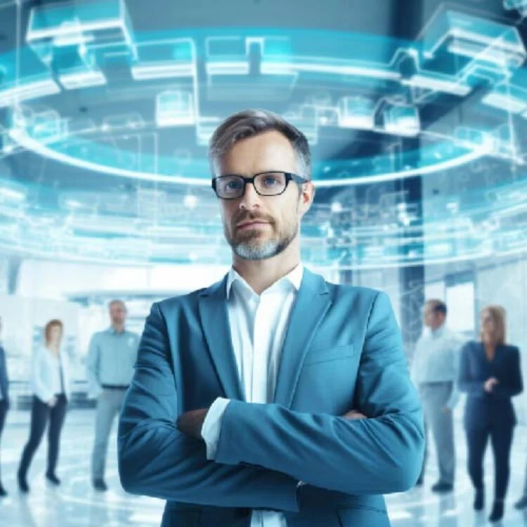 Professional man in a blue suit with arms crossed, wearing glasses, in a high-tech office with glowing holographic rings and blurred colleagues in the background.