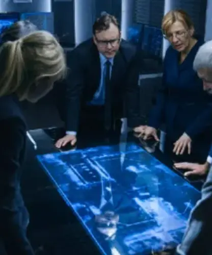 Six professionals gather around a glowing blue interactive table in a high-tech control room, reviewing data on the surface screen.