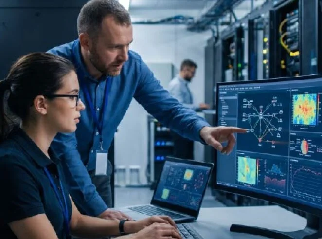 Two IT professionals in a data center analyze network graphs on a large monitor, with server racks surrounding them.