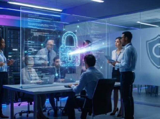 Team of professionals in a glass-walled meeting room viewing a holographic padlock and code projection, symbolizing cybersecurity.