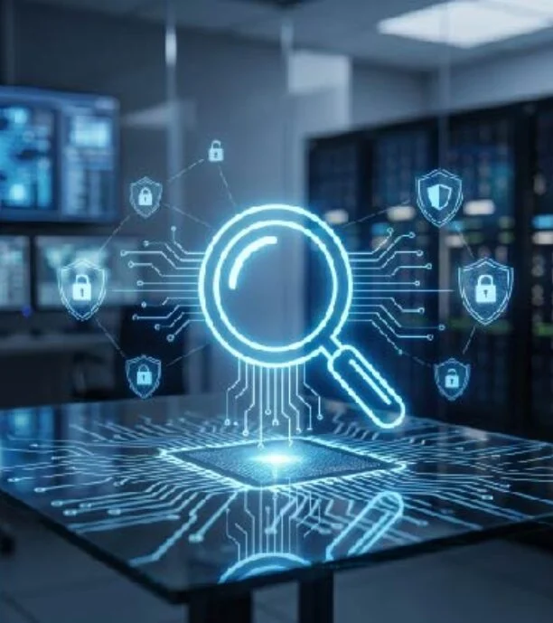 Blue holographic magnifying glass hovering over a circuit board in a data center, surrounded by security shield icons.